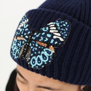 버터플라이 폼 여성 울비니 9WAA156XXMAXX 네이비 Yves Salomon Butterfly Knit Pom Beanie