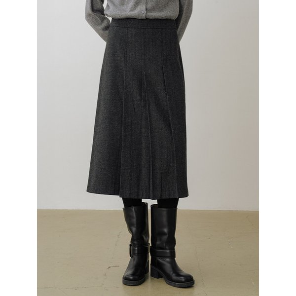 울 블렌드 해링본 플리츠 롱스커트 CHARCOAL