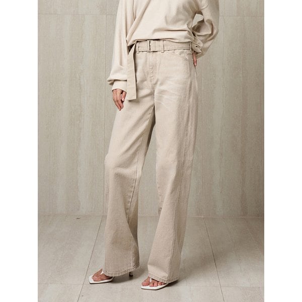 BELTED DENIM PANTS SAND