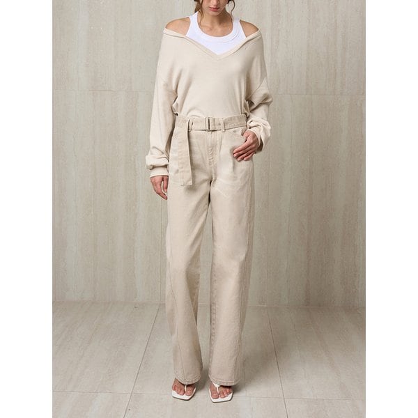 BELTED DENIM PANTS SAND