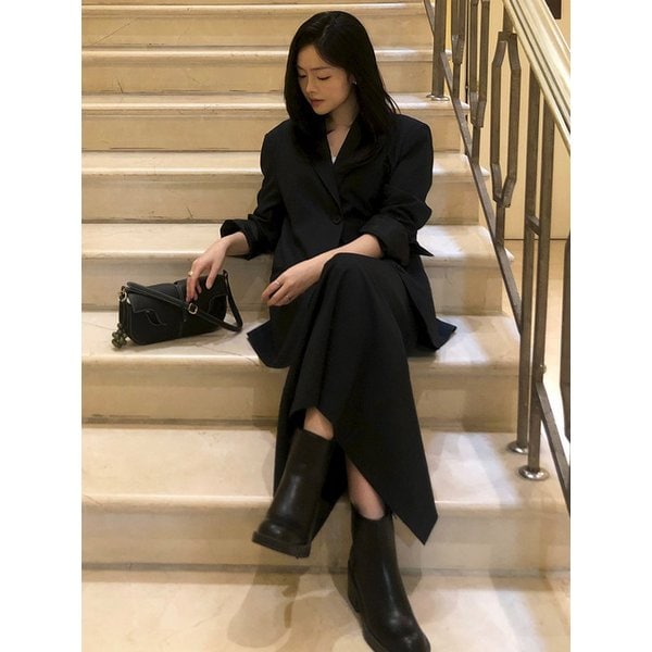 [세트]버튼 스트라이프 싱글 자켓+맥시 스트라이프 스커트 네이비 VW711