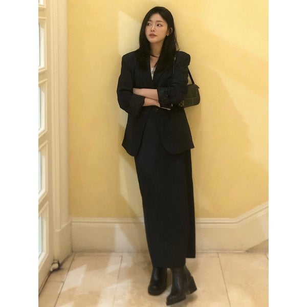 [세트]버튼 스트라이프 싱글 자켓+맥시 스트라이프 스커트 네이비 VW711