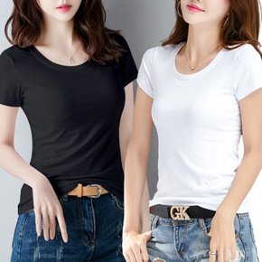 여름 여성 반팔티셔츠 기본 이너 라운드넥 u넥 슬림핏 실켓 면 5부