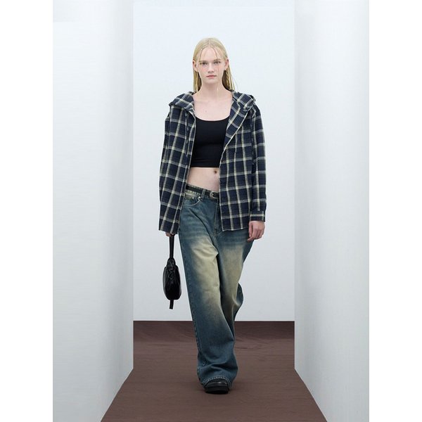 85-VIVA102 포레스트 팜 후드 오버핏 긴팔 타탄 체크 셔츠 네이비