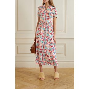 Long Maria Printed Silk Crepe De Chine Midi Shirt Dress 화이트