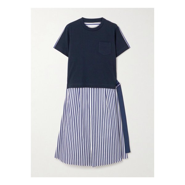 벨트 스트라이프 코튼 포플린 저지 미디 드레스 블루 1647597346684675