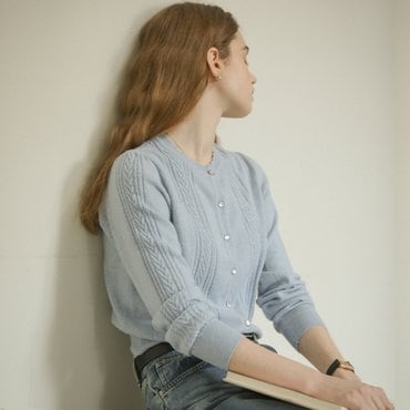틸아이다이 Scallop cable cashmere blended cardigan_Sky blue