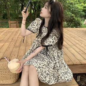 여자 여름 러블리 소매 리본 셔링 미니원피스