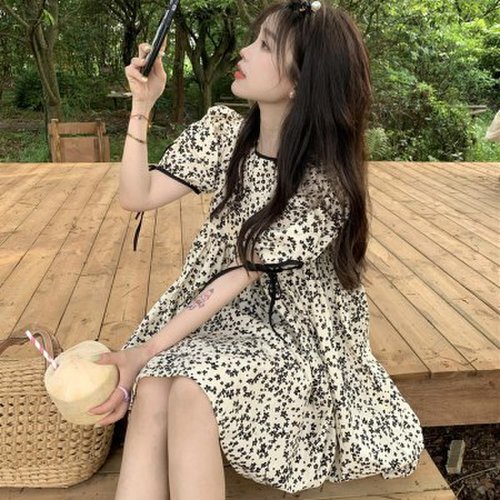 여자 여름 러블리 소매 리본 셔링 미니원피스 2