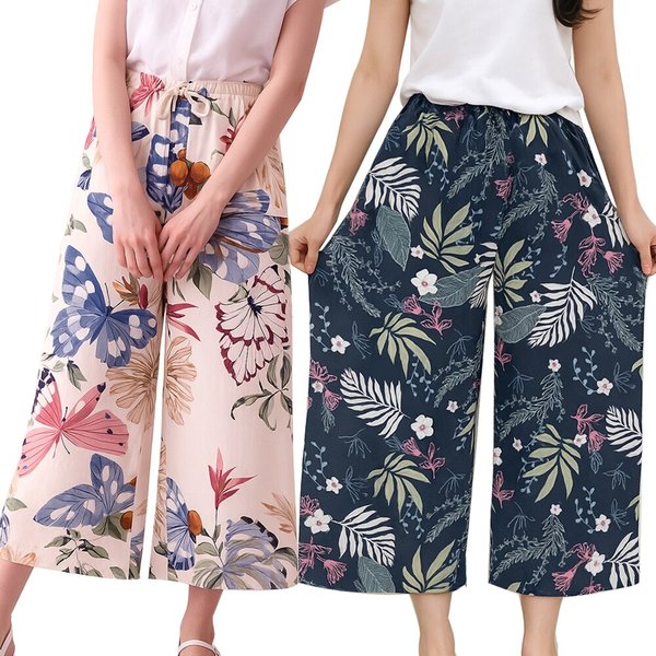 플라워패턴 와이드 바지 밴딩 고무줄 이지웨어 꽃무늬