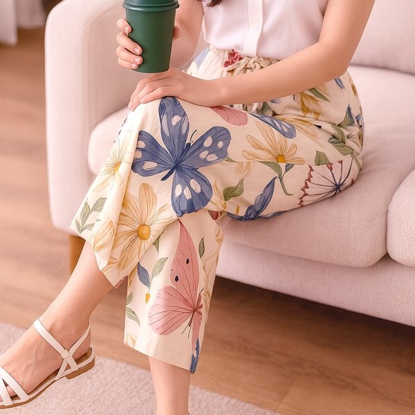 플라워패턴 와이드 바지 밴딩 고무줄 이지웨어 꽃무늬