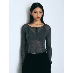 See-through Button Slim T-Shirt (Melange Gray)