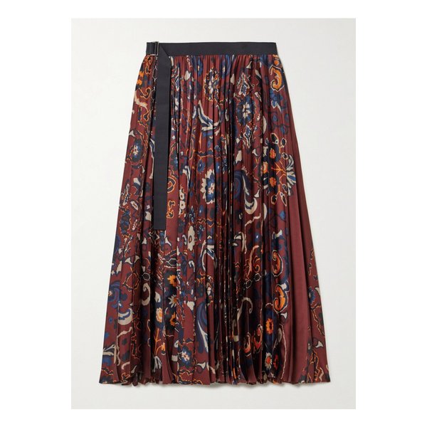 벨트 그로그랭 트리밍 플리츠 플로럴 프린트 새틴 미디 스커트 버건디 46376663162869278