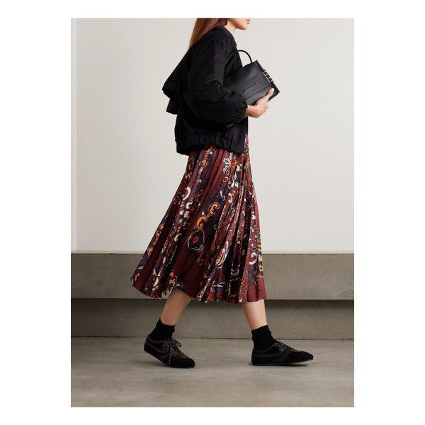 벨트 그로그랭 트리밍 플리츠 플로럴 프린트 새틴 미디 스커트 버건디 46376663162869278