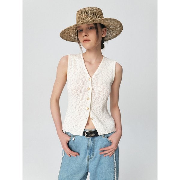 Fitted Button Knitted Vest, Ivory