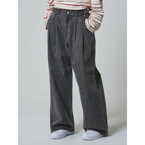 사이드 벨티드 투턱 와이드 치노 팬츠 그레이_Side Belted Two Tuck Wide Denim Pants Gray