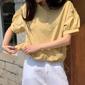 큐트한 퍼프 반팔 브이넥 스트링 여름 블라우스 바스락소재_P366934467
