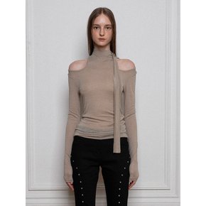 WOOL HIGH NECK SCARF LONG SLEEVE TOP, BEIGE