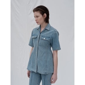 WASHED DENIM OPEN-COLLAR SHIRT (BLUE)