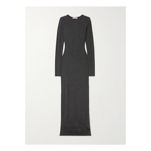 에턴 롱 슬리브 크루넥 골지 스트레치 저지 맥시 드레스 차콜 46376663162989436