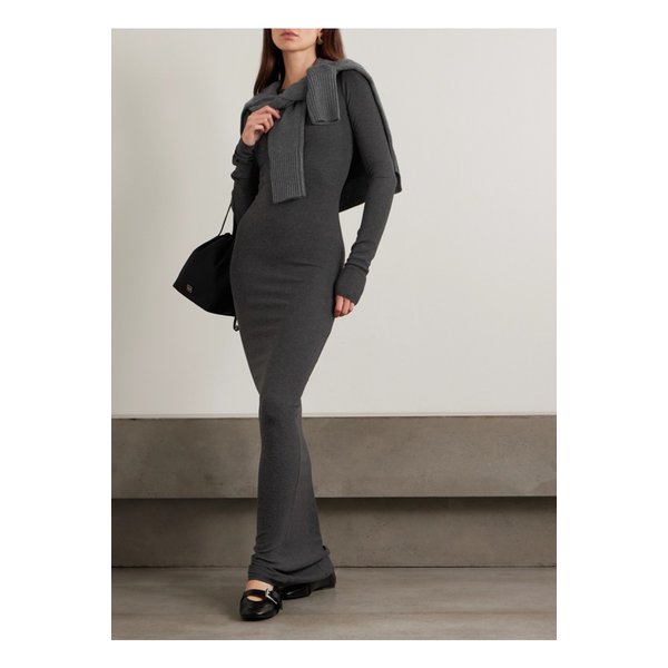 에턴 롱 슬리브 크루넥 골지 스트레치 저지 맥시 드레스 차콜 46376663162989436