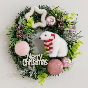 크리스마스 리스 벽장식 아기곰 파스텔 250mm 벽걸이 소품 현관 문 카페 입구 데코 꾸미기 겨울