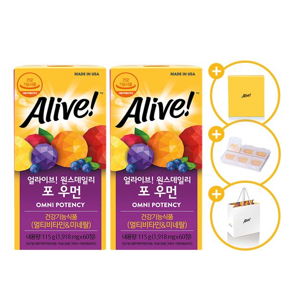 얼라이브 포우먼 여성 종합비타민 멀티비타민 60정 2병입 선물세트 (총 4개월분) + 쇼핑백+6구 필케이스