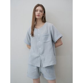 Cotton Gingham Piping Pajama Set (blue)