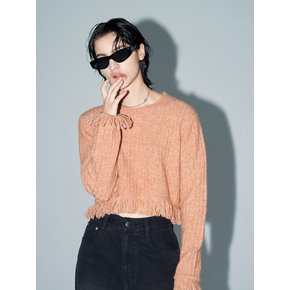 RIBBED-KNIT FRINGED PULLOVER(CORAL)