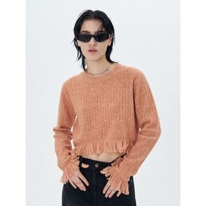 RIBBED-KNIT FRINGED PULLOVER(CORAL)