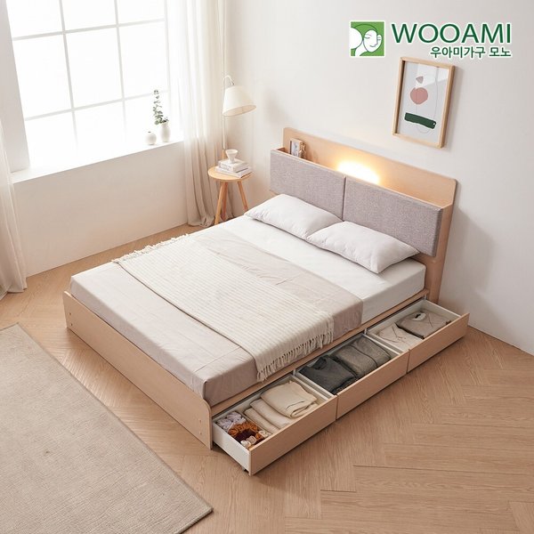 [착불] 우아미가구 모노 미르 LED 3서랍수납형 K 침대 DM5303