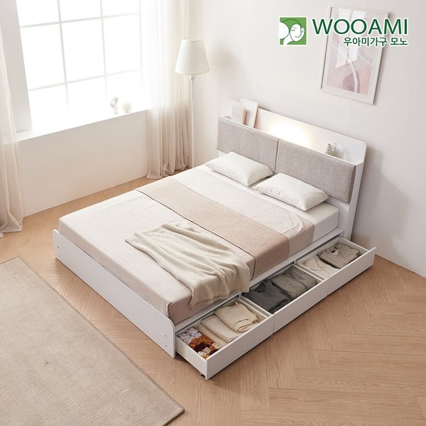 [착불] 우아미가구 모노 미르 LED 3서랍수납형 K 침대 DM5303