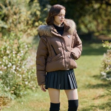 챌린저 여성 리얼폭스FUR 소매분리형 구스다운 자켓 코코아