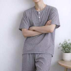 남성 깅엄 체크 잠옷세트 반팔 반바지 밴딩 파자마 홈웨어 데일리 빅사이즈