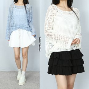살안타  7색 그물 펀칭 보트넥 루즈핏 긴팔 니트티   _P433140451