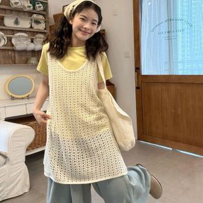 여자 양 옆 트임 그물 펀칭 롱 조끼 URK 500_P400129062