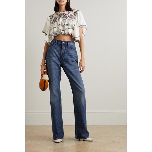 사나 크롭 티어드 자수 크레이프 드 신 블라우스 화이트 1647597289953531