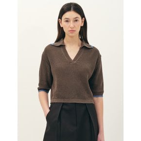 V-neck collar cotton knit top_brown