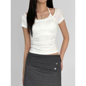 미닛 버튼 옆셔링 캡내장 홀터넥 끈나시 레이어드 스판 반팔 티셔츠_P426728998
