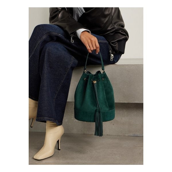 시에나 태슬 가죽 트리밍 스웨이드 버킷 백 에메랄드 46376663162901479