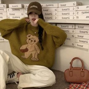 아시브 곰돌이 자카드 오버핏 니트_P352259173