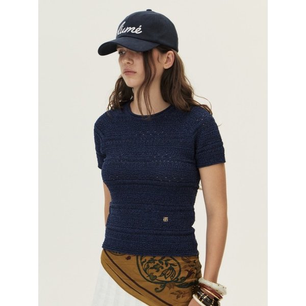 Crochet Short Sleeved Sweater, Navy