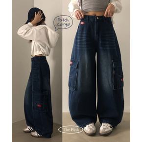 / 포팅 빈티지 워싱 자수 패치 와이드 카고 데님 팬츠