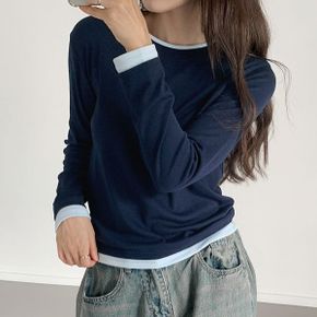 기본핏 신축성 좋은 여성 긴팔 배색 라운드 티셔츠 가을 겨울 이너 레이어드_P404664735