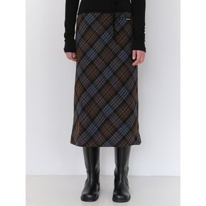 Wool check long skirt - Navy