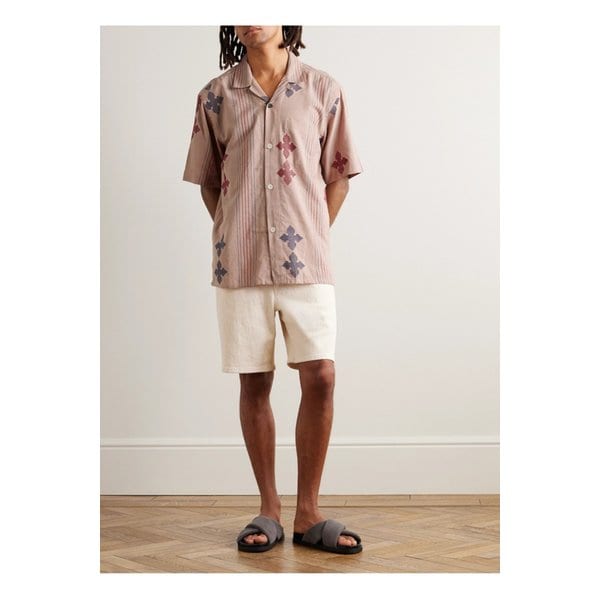 아요 컨버터블 칼라 자수 스트라이프 코튼 셔츠 핑크 1647597338159793