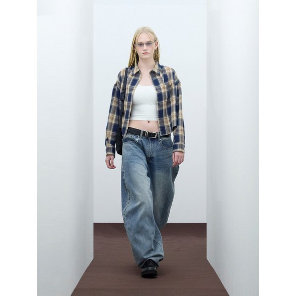85-VIVA092 포스트 크롭 긴팔 체크 셔츠 네이비