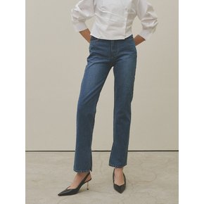 SIDE SLIT STRAIGHT DENIM PANTS [DARK BLUE]