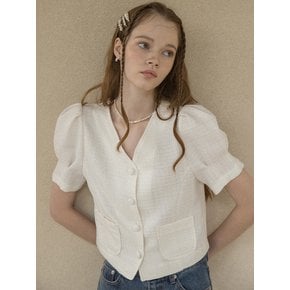 Tweed V Neck Half Blouse Ivory