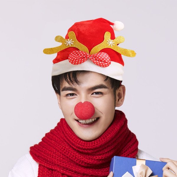 황금 사슴뿔 리본 산타모자